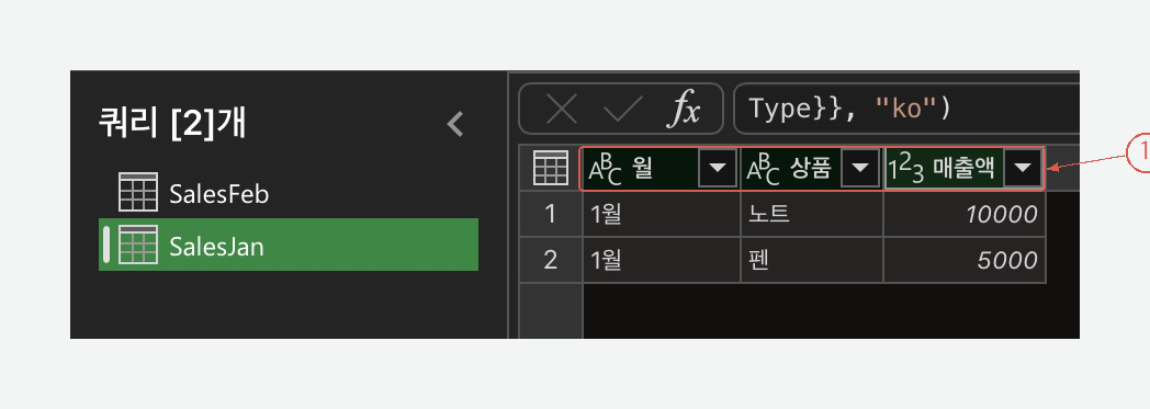 Power Query에서 월과 상품은 텍스트, 매출액은 정수이며 SalesJan과 SalesFeb 쿼리가 준비된 화면