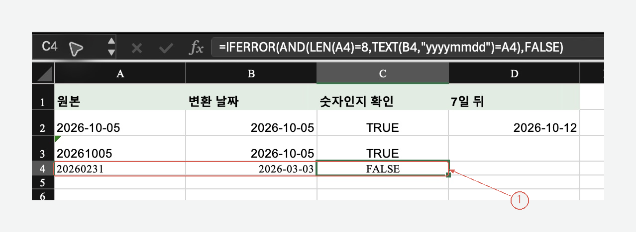 20260231을 DATE로 변환하면 3월 3일로 이월되지만 원문 검증은 FALSE를 반환합니다.