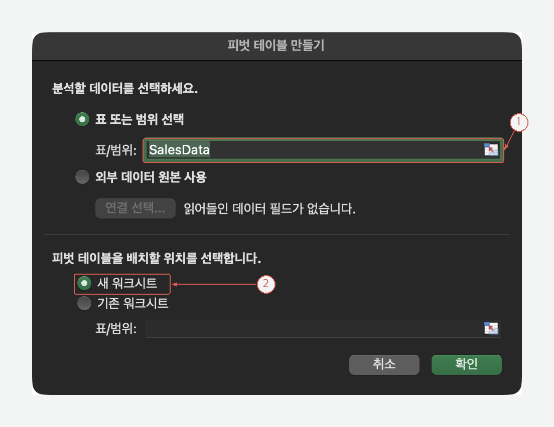 SalesData를 원본으로 새 워크시트에 만드는 피벗테이블