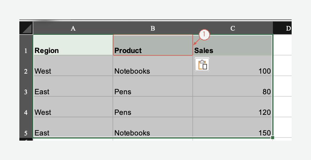 The corrected Product header in B1