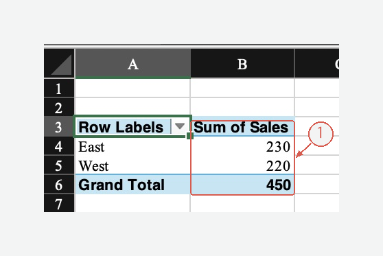 A working PivotTable with East 230, West 220 and total 450
