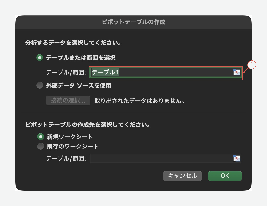 データソースにテーブル1を使うピボット作成画面