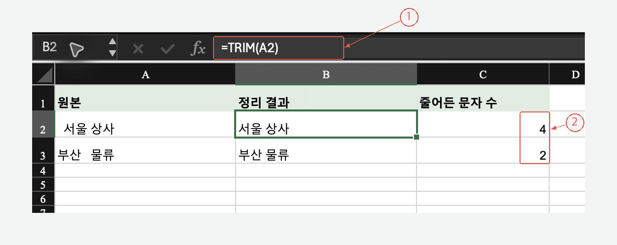 Mac Excel에서 B2의 TRIM 수식과 C2·C3의 문자 수 4·2를 표시한 실제 화면