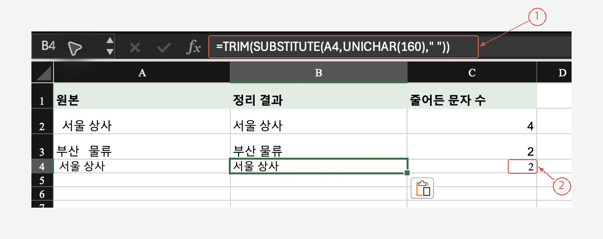 특수 공백을 일반 공백으로 치환하는 B4 수식과 C4의 결과 2를 표시한 실제 Excel 화면