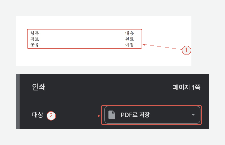 인쇄 미리보기에 선 없이 남은 표 내용과 PDF로 저장 대상