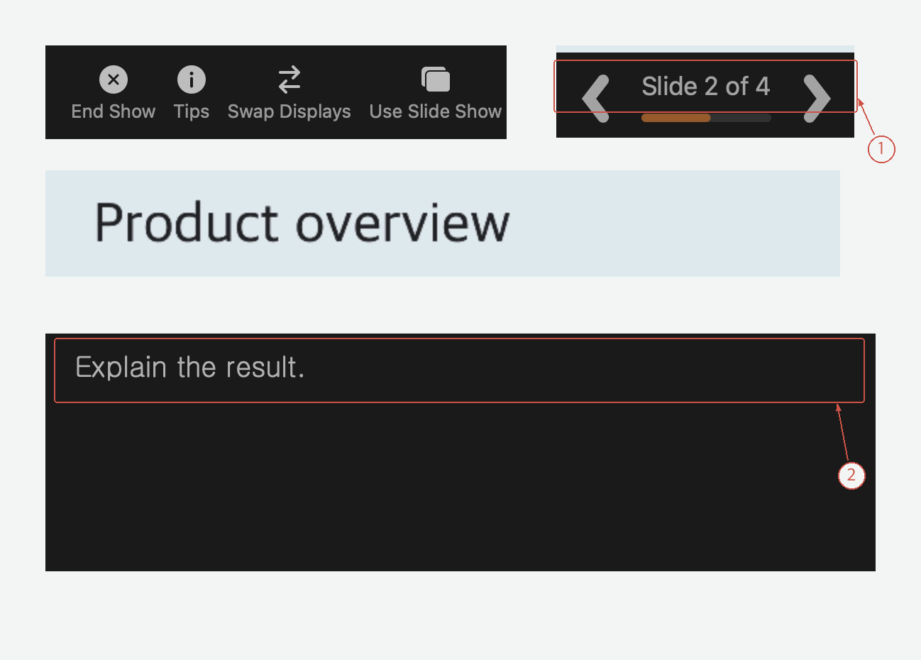 Native Presenter View details showing Slide 2 of 4 and Explain the result
