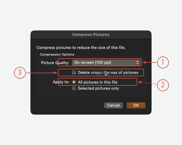 150 ppi, all pictures, and unchecked deletion of cropped areas in the native dialog