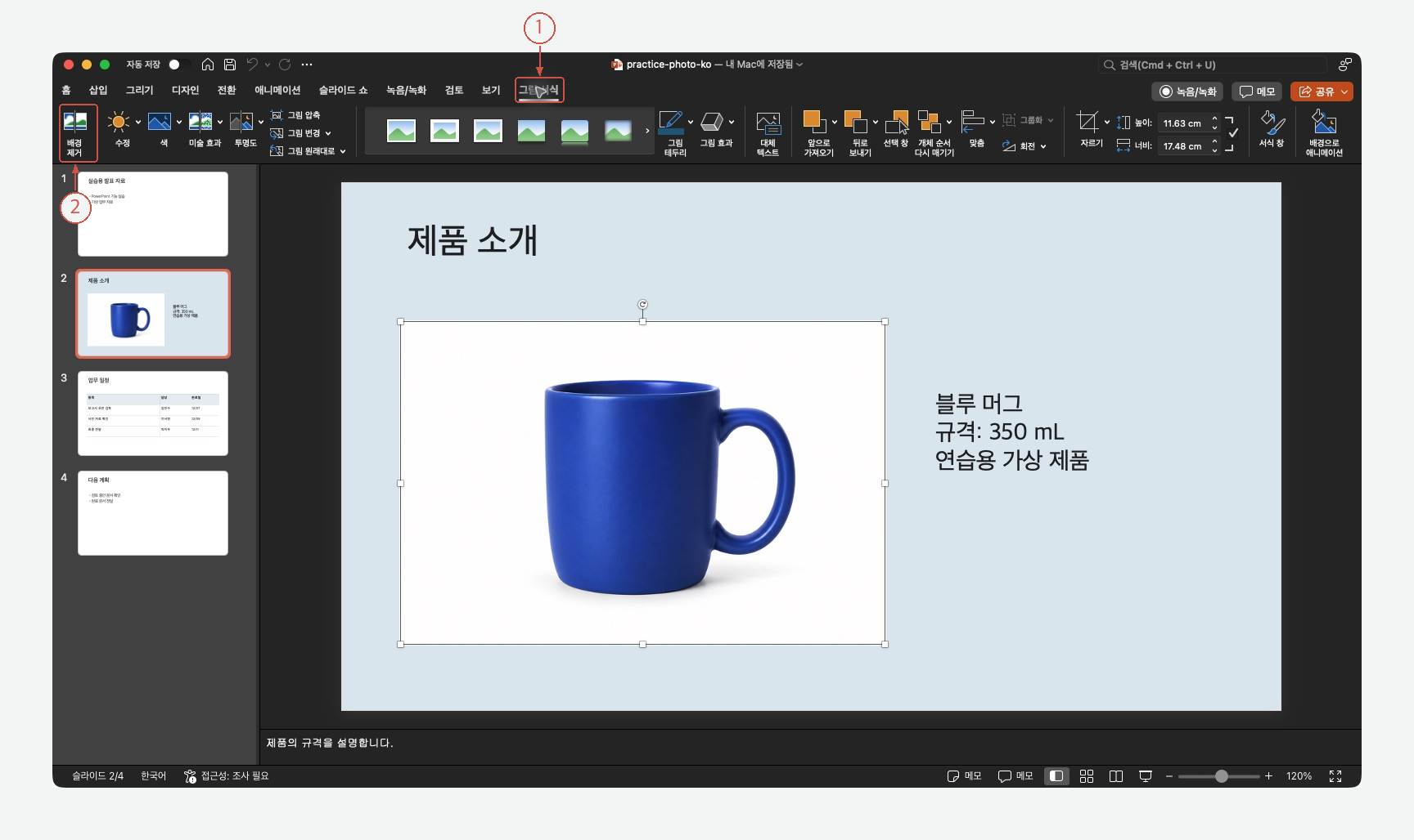 ① 그림 서식과 ② 배경 제거를 표시한 실제 사진 선택 화면