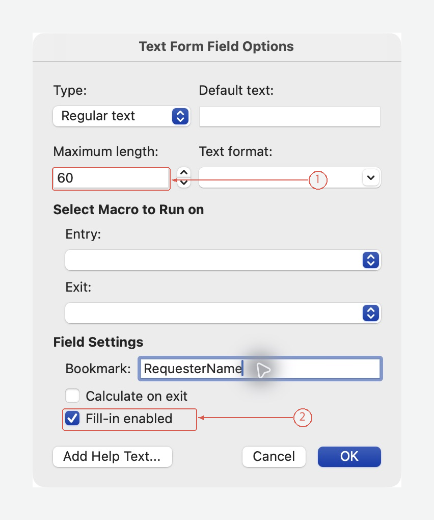 Regular text field with maximum length 60 and Fill-in enabled