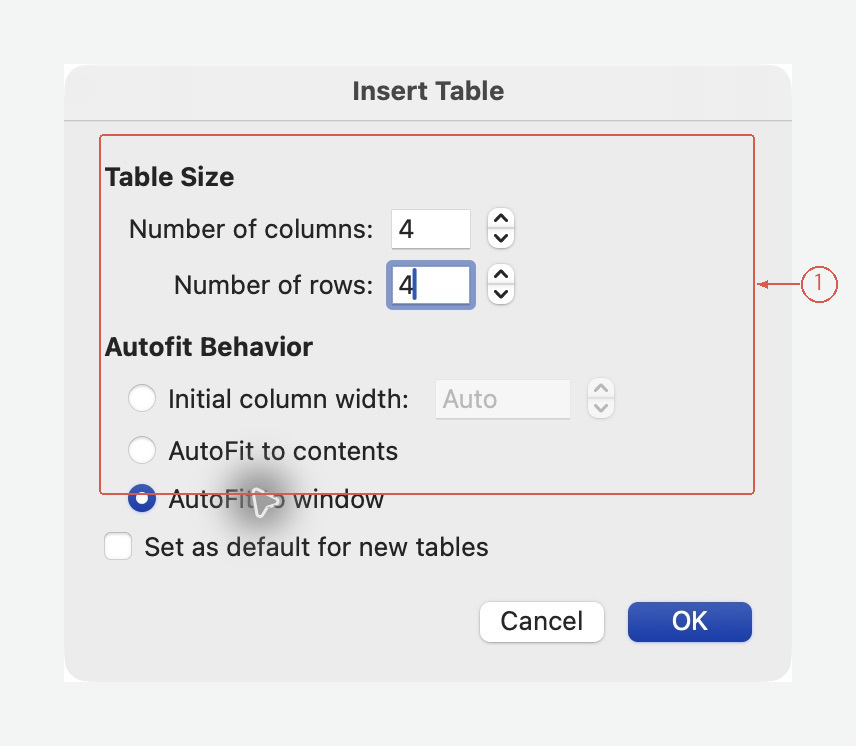 Mac Insert Table dialog with four columns, four rows, and AutoFit to window