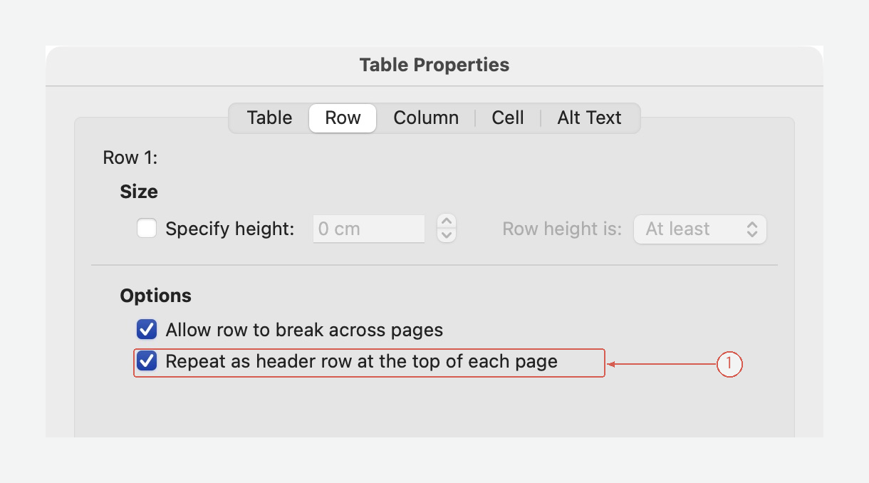 Repeat as header row checked in Mac Table Properties