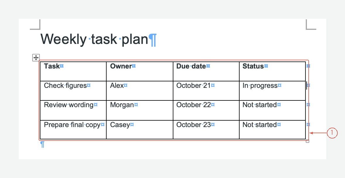 Four-column task table with a bold header and three task rows