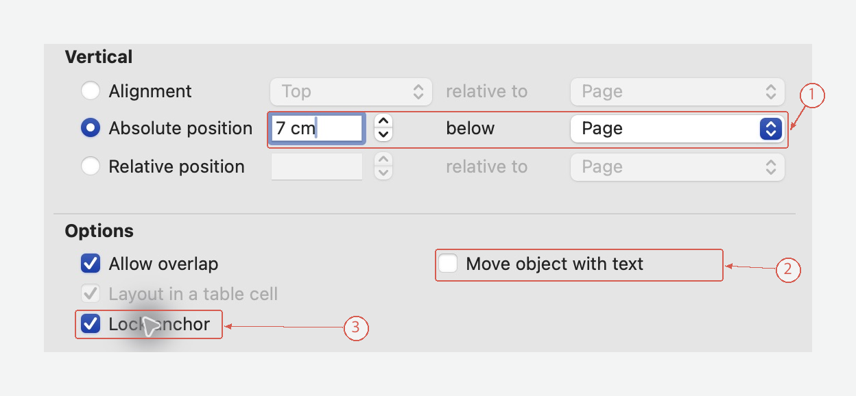 Page-relative vertical position, Move object with text off, and Lock anchor on