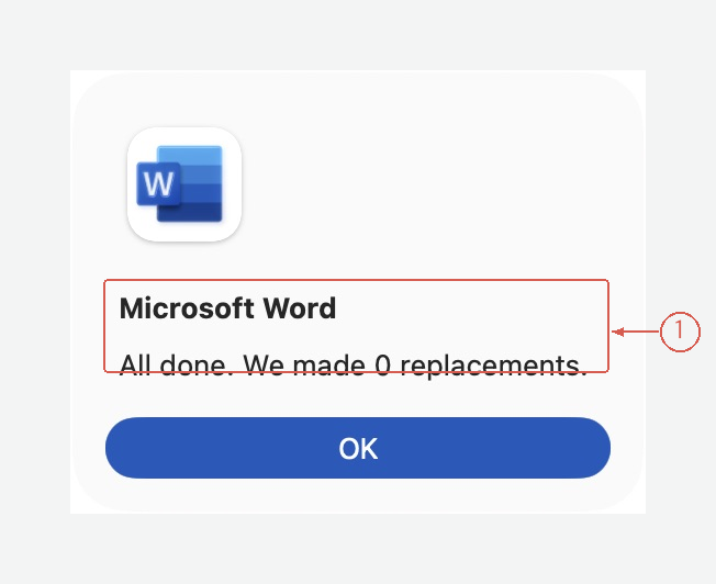 Word reports zero further replacements